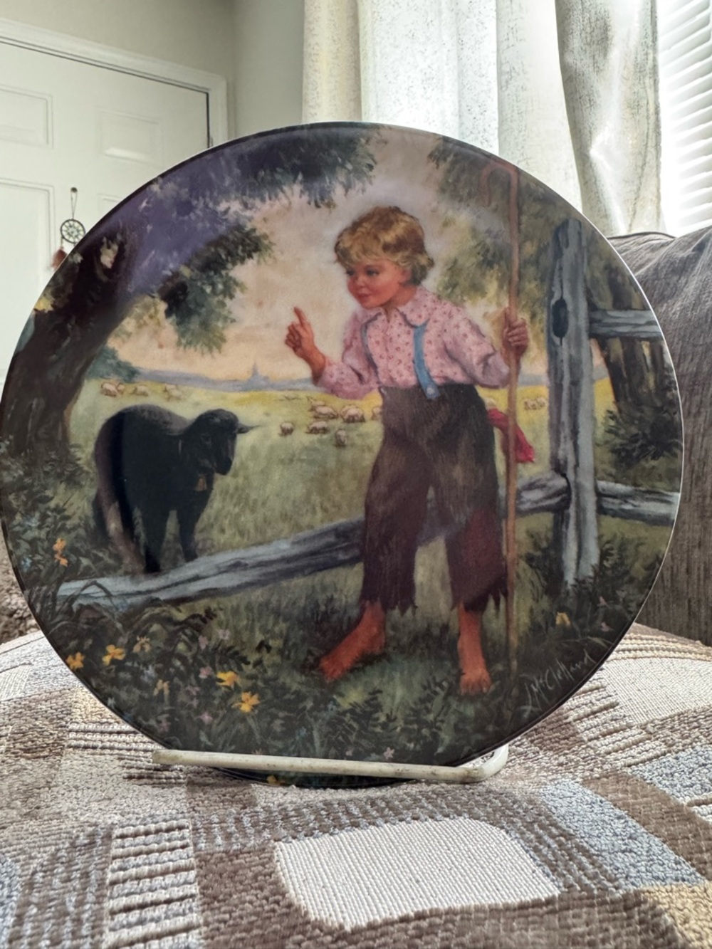 Reco Vintage Style Round Glass Art Plate - Pastel Multi-Color Shepherd Boy Scene